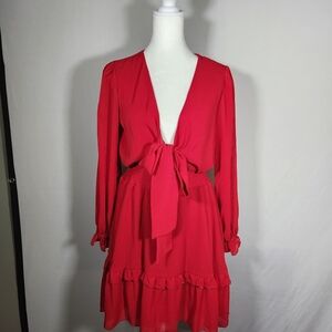 Vibrant Red Long Sleeve Wrap Sundress